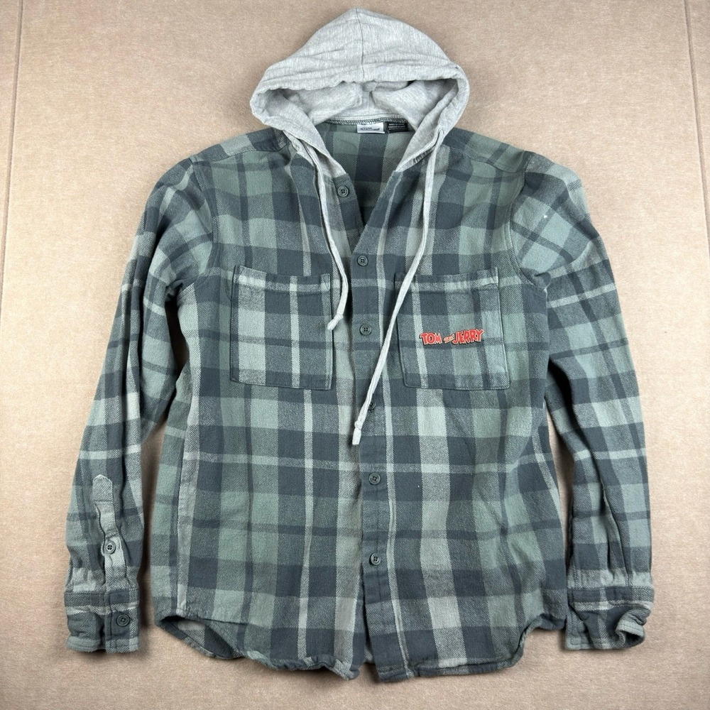 Tom & Jerry Mad Engine Unisex S Green Gray Plaid‎ Hooded Flannel Shirt Pullover